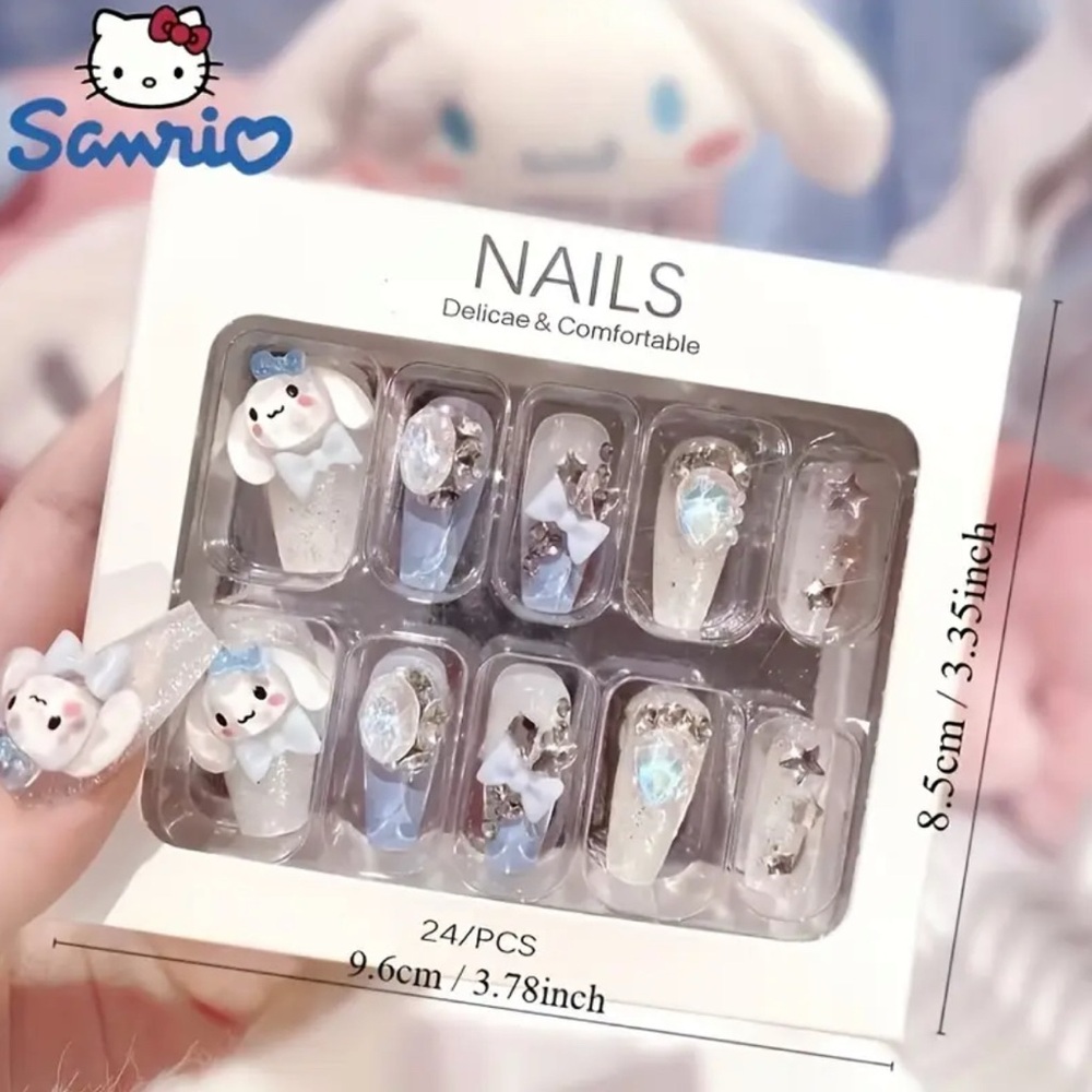 Sanrio Kawaii Jade Dog Press-On Nails Rhinestones 3D Reusable Medium Almond NWT - Picture 4 of 10